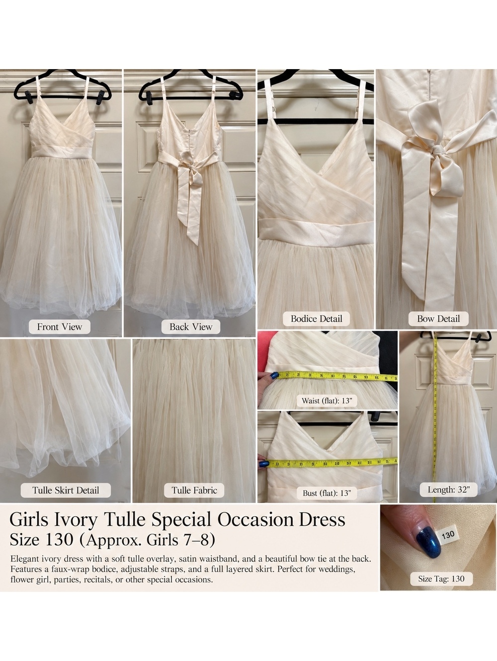 Girls Ivory Tulle Flower Girl Formal Dress Size 7/8 130 Satin Bow
